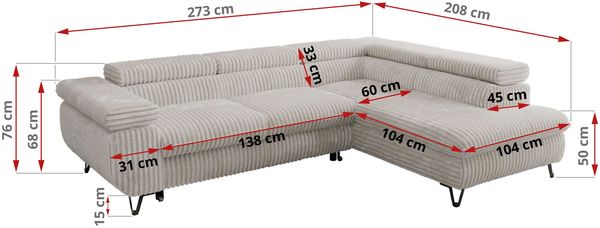 MKS Möbel 'Pablo L-Form' Ecksofa mit Schlaffunktion, verstellbare Kopfstützen, Beige, Cordstoff, ohne Topper, Links Bild 6