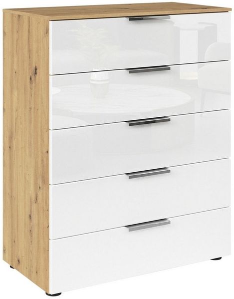 Rauch Möbel Flipp, Hochkommode mit viel Stauraum für Flur, Wohnzimmer, Schlafzimmer, Eiche Artisan/Glasfront Weiß, 5 Schubkästen, Griffe chrom, 80 x 100 x 42 cm