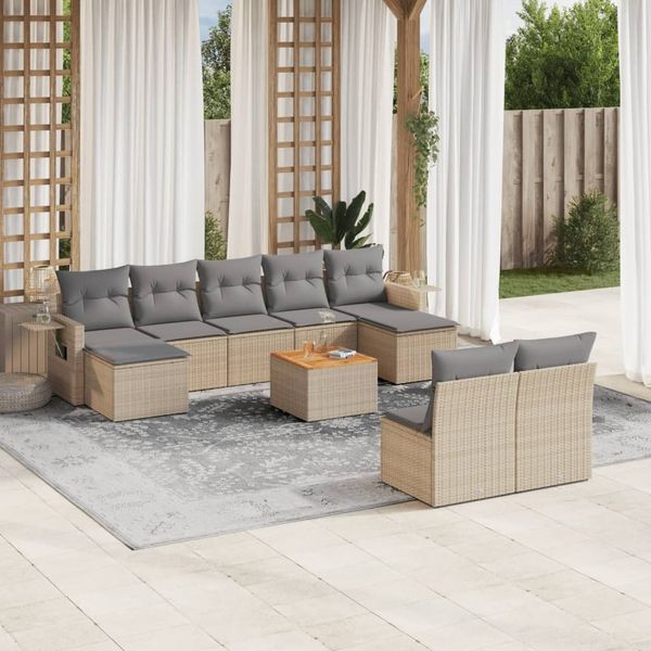 vidaXL 10-tlg. Garten-Sofagarnitur mit Kissen Beige Poly Rattan 3224764