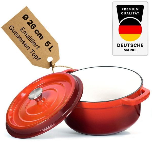 BIG-PAN Kochtopf Emaillierter Gusseisen Topf mit Deckel Ø26 cm 5L Bräter Dutch Oven, Gusseisen (Induktionsgeeignet Backofenfest, Kasserolle Brotbacktopf Cocotte)