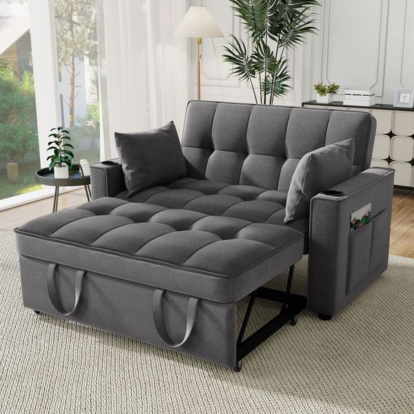 Schlafsofa Sitzfläche 137/163x76,5x83/59 cm, Samt grau, ausziehbar mit 3‑stufiger Rückenlehne