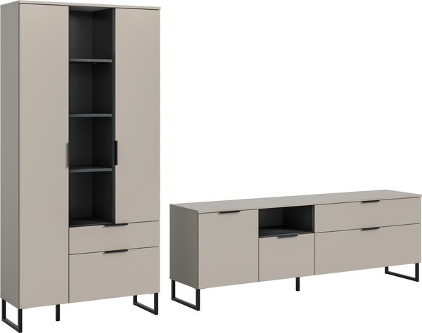 Home affaire Wohnwand ADIO, Breite 290 cm, 2-teiliges Set, mit Metall-Kufenfüße, (Set, 2-St, bestehend aus: Mehrzweckschrank und Lowboard), Kombination, Anbauwand, Set, Wohn-Set, Wohnzimmer-Set, Schrankwand