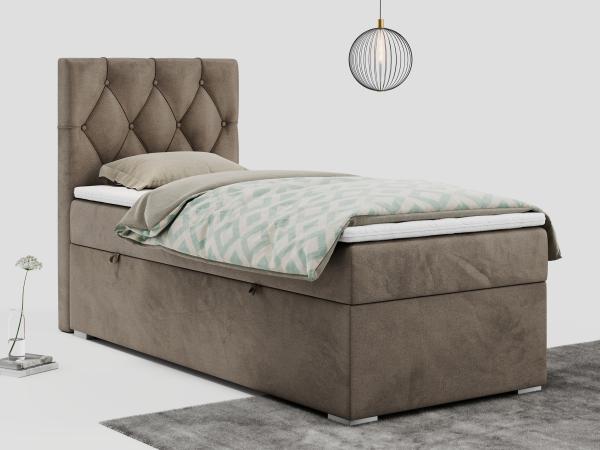 Boxspringbett ALDA, Einzelbett mit gestepptem Kopfteil und einem Bettkasten, 90x200 - Braun Velours - links - H3