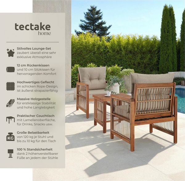 tectake Essgruppe Lounge-Set Eivissa, belastbar und wetterfest mit XXL-Polsterung, (Set, 3-tlg), Stabile Gestelle aus massivem Akazienholz