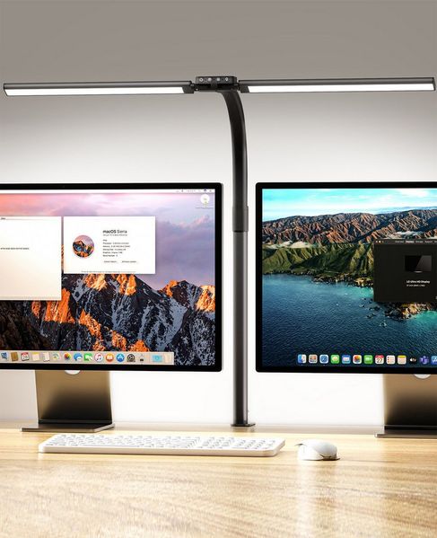 Quntis LED Schreibtischlampe 24W LED Doppelkopf Schwanenhals-Schreibtischlampe mit Klemmarm, Dimmbar, LED fest integriert, 3000K~6500K, Hintergrundbeleuchtung für Curved Monitore – Ideal für PC & Büro