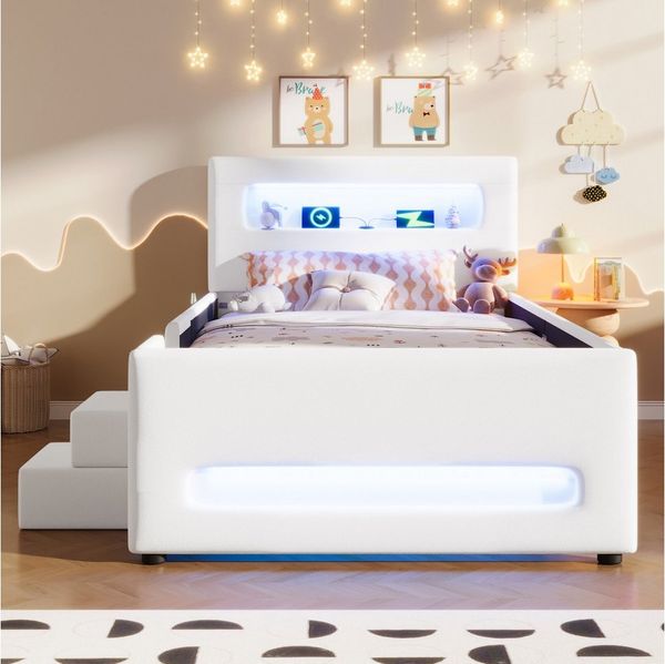 Merax Polsterbett 90x200cm Plattformbett mit LED-Lichtleisten (Jugendbett Einzelbett, 1-tlg), Kinderbett mit Treppe, Schublade, Stauraum & Taschen, Kunstleder