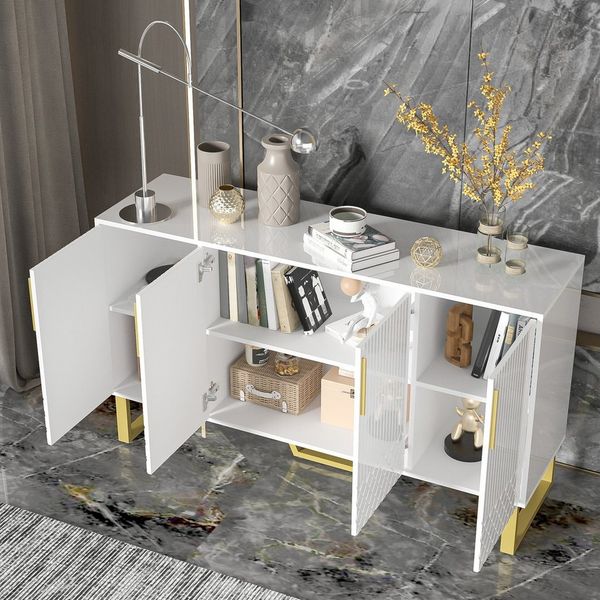 Merax Sideboard mit geometrisches Frontdesign (1 St, Buffetschrank für Wohnzimmer und Flur), Anrichte Kommode mit 4 Türen, Metallgriffe & Metallbeine, 140x40x80cm