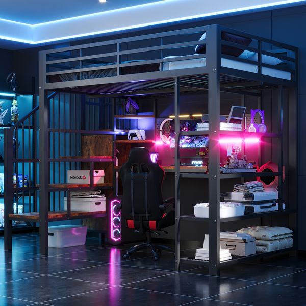 Eisen-Hochbett 140 × 200 cm, Langer Schreibtisch Und Lange Lochwand, Kleines Dreieckiges Regal, Mit Euro-Steckdosen Und LED-Lichtleiste, Mehrstöckige Ablagefächer, Hohe Umzäunung,Schwarz