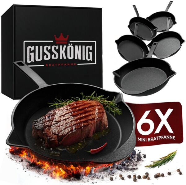 6er Mini-Pfannen-Set aus Gusseisen Ø 13,5 cm – Servierpfannen für Induktion, Grill & Backofen, hitzebeständig und vielseitig