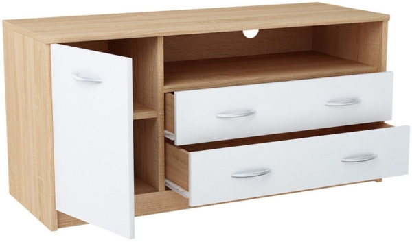 Home Collective TV-Schrank 110cm breit Lowboard mit matter Oberfläche Fernsehtisch mit 1 Tür (abgerundete Kante und Metall-Rollschienen Fernsehkommode) 2 Schubladen und 2 Regalen aus laminiertem Board sonoma weiß