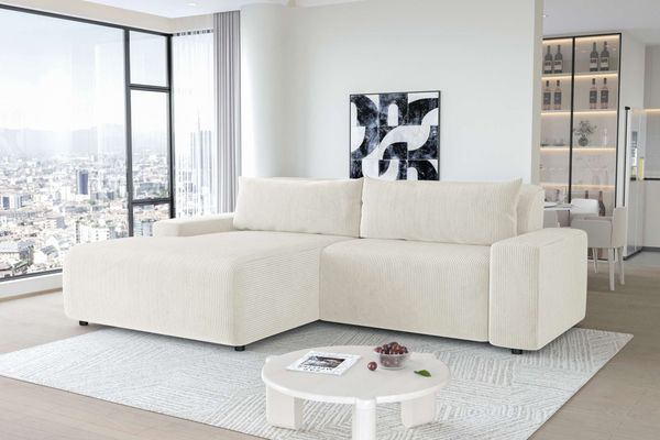 99rooms Tivoli Ecksofa Cordstoff POSO Creme Links mit Kissen