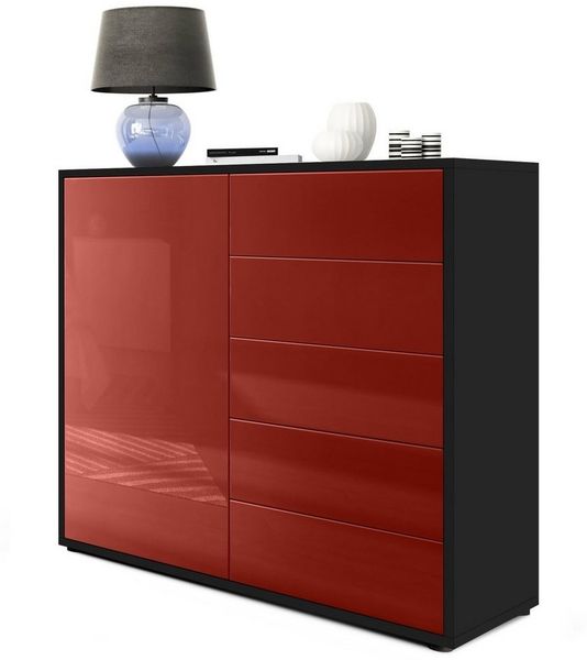 Vladon Sideboard Ben V2, Kommode mit 1 Tür und 5 Schubladen, Schwarz matt/Bordeaux Hochglanz (79 x 74 x 36 cm)