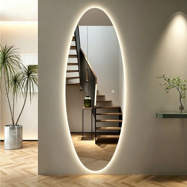 WDWRITTI Ganzkörperspiegel Rahmenlos Dekospiegel Wandspiegel asymmetrisch (3Lichtmodi, dimmbar, Speicherfunktion, 165x60 cm), mit Netzstecker & Stromkabel