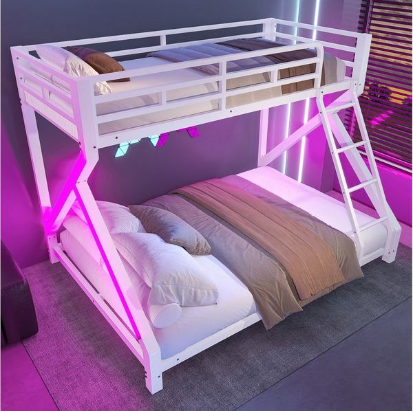 MODFU Etagenbett Rundumlaufendem Sicherheitsgeländer (Eisenbett mit LED-Licht, Leiter, Jugendbett 90 x 200 cm, 140 x 200 cm), ohne Matratze