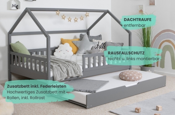 Ticaa Hausbett Duo mit Rausfallschutz und Zusatzbett aus Kiefer, Hausbett mit abnehmbarem Dach Bild 2