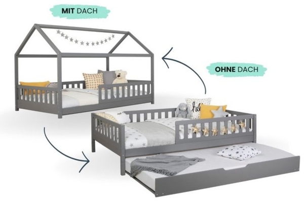 Ticaa Hausbett Duo mit Rausfallschutz und Zusatzbett aus Kiefer, Hausbett mit abnehmbarem Dach Bild 4