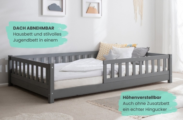 Ticaa Hausbett Duo mit Rausfallschutz und Zusatzbett aus Kiefer, Hausbett mit abnehmbarem Dach Bild 3