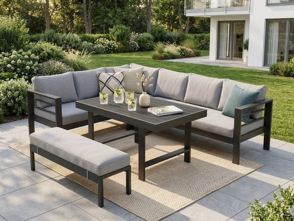 MeXo Gartenlounge-Set Outdoor Gartenmöbel Lounge-Set für 6-8 Personen, (Aluminium-Ecklounge, linke Ecke, 5-tlg, wetterfest & pflegeleicht), großer Esstisch 130×80 cm, bis 140 kg belastbar je Sitz