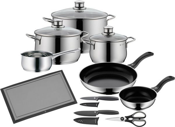 WMF Diadem Plus Topfset Induktion 10-teilig, Kochtopf Set mit Glasdeckel, Cromargan Edelstahl poliert, Induktions Töpfe Set unbeschichtet
