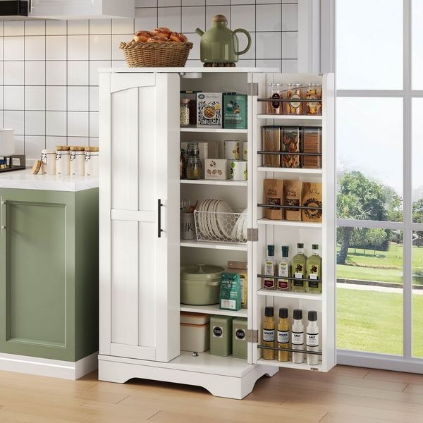 Flieks Mehrzweckschrank Hochschrank mit LED-Sensorlicht und verstellbaren Regalböden (H120xB60xT40 cm, 1-St) Küchenschrank Buffetschrank mit Türablagen Holzschrank weiß