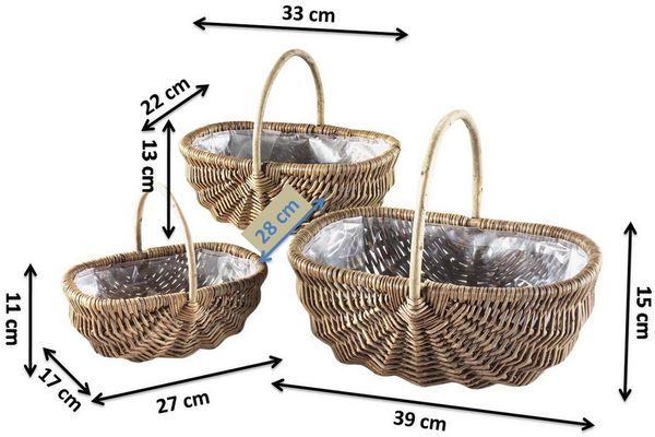 Kobolo Dekokorb Weidenkörbe mit Griff mit Folie ausgeschlagen S/3 (3 Stück)