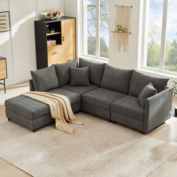 5-Sitzer Ecksofa 220 x 194 x 85 cm aus Baumwoll-Leinenstoff, modular mit beweglichem Hocker