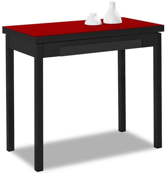 ASTIMESA - Küchentisch mit Schublade - Tisch mit Glasplatte in Rot - Minimalistisch - Gestell aus schwarzem Laminat - Ausziehtisch von 80x40 cm bis 80x80 cm