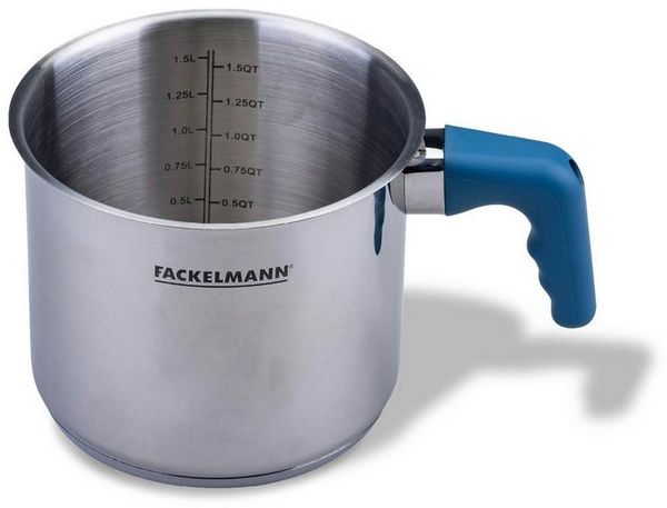 Fackelmann Milchtopf Essential Ø 14 cm aus Edelstahl mit ergonomischem Bakelit-Griff und praktischer Literskala – Ideal für alle Herdarten, Blau