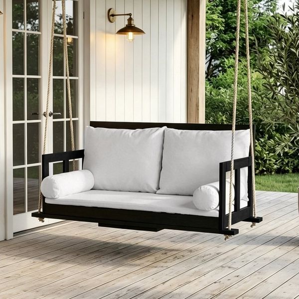 BlingBin Hängesessel Schaukel-Doppelsitz, Doppelschaukel (Hängeschaukel für den Garten im Freien, 1-St, Inklusive Kissen und zwei Seilen, Gestell nicht enthalten), Das Kissen ist abnehmbar und waschbar. Aus Akazienholz