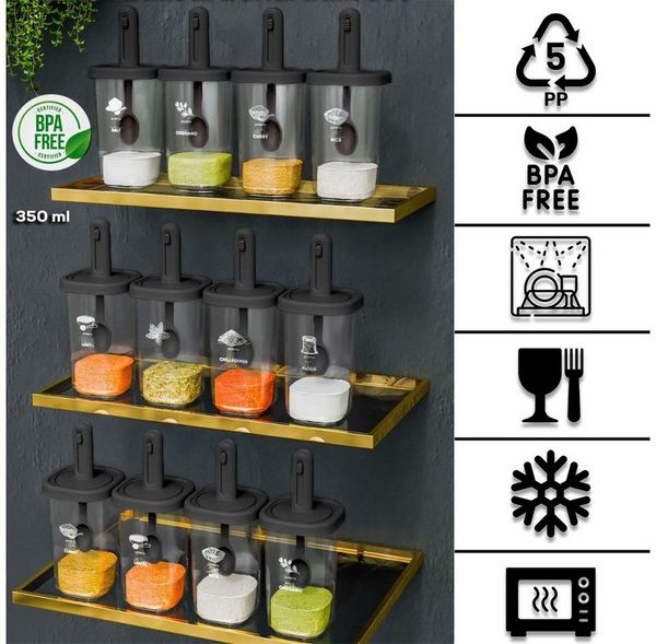 Jungengel Gewürzbehälter 12x Vorratsdosen 350ml mit Löffel Gewürzdosen Frischhaltedosen, BPA-Frei Kunststoff, (Set, 12-tlg, 12x Vorratsbehälter, 12x Löffel, 12x Deckel), Spülmaschinenfest, Mikrowellenkomform, BPA-Frei, Kältebeständig