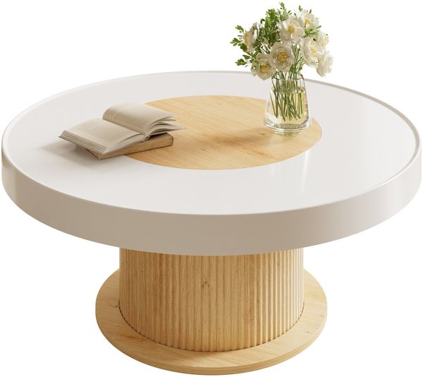 Merax Runder Couchtisch mit geriffeltem Zylinderfuß, Tisch mit weiß-holzfarbigem zweifarbigem Tischblatt, Natur und Weiß Bild 9