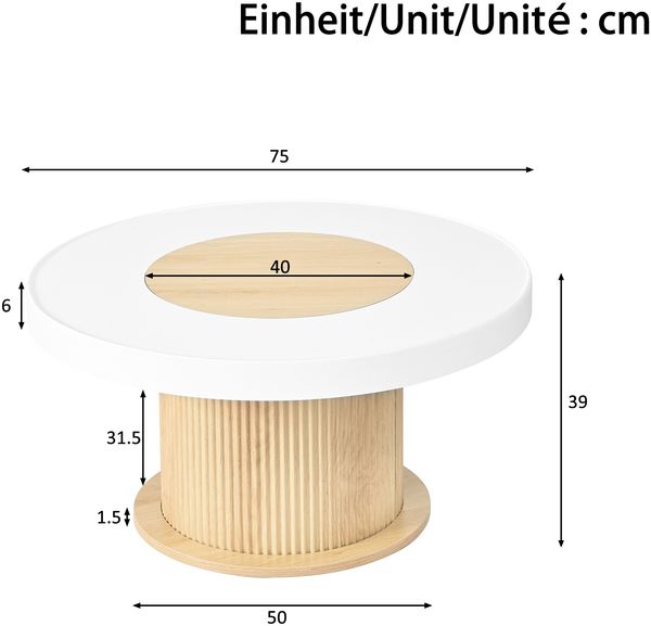 Merax Runder Couchtisch mit geriffeltem Zylinderfuß, Tisch mit weiß-holzfarbigem zweifarbigem Tischblatt, Natur und Weiß Bild 3