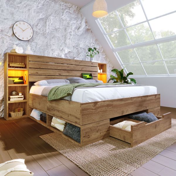 Stauraumbett 180×200 cm mit LED, USB-C und Schubladen, Eiche, ohne Matratze