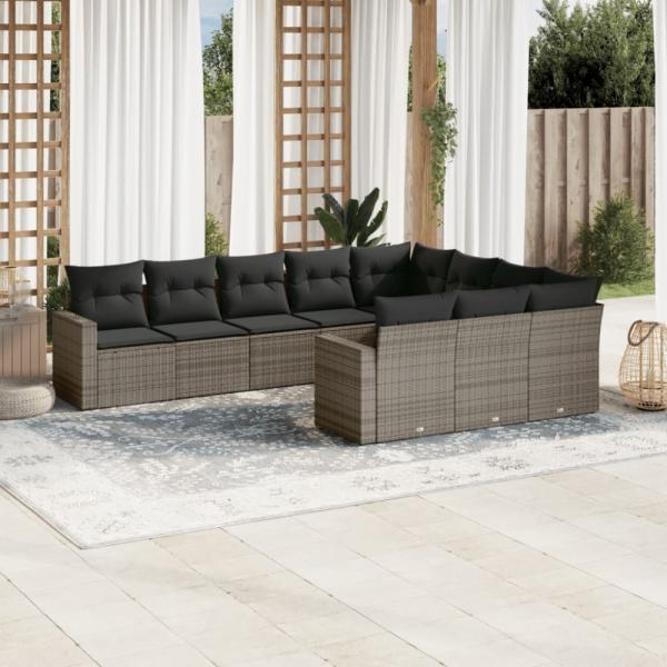 vidaXL 10-tlg. Garten-Sofagarnitur mit Kissen Grau Poly Rattan 3219480