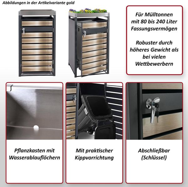 1er Mülltonnenverkleidung mit Pflanzkasten HWC-J81, erweiterbar, 125x68x80cm Metall 31kg, anthrazit ~ Kirsche-Holzoptik Bild 2