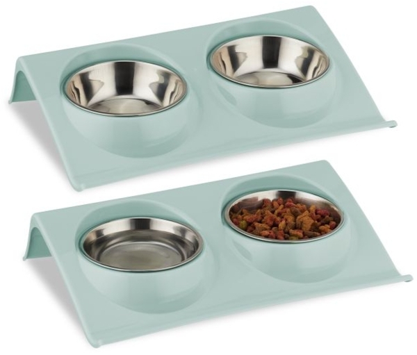 Relaxdays Doppelnapf erhöht, 150 ml, Kunststoff / Edelstahl blau / silber, 6,5 x 29 x 19 cm