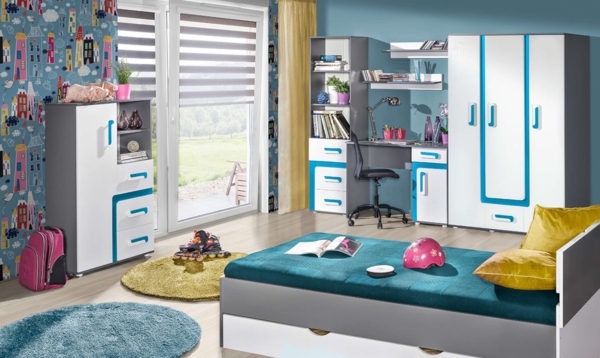 99rooms Avino Kinderzimmer-Set VI Weiß Anthrazit Türkis