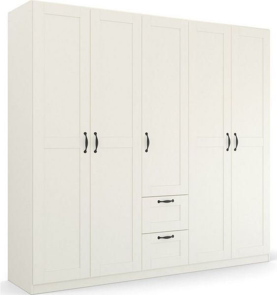 Rauch Möbel Cottage by Quadra Spin Schrank Drehtürenschrank, Weiß, 5-trg, inkl. 3 Kleiderstangen, 5 Einlegeböden, 2 Schubkästen, BxHxT 226 x 210 x 54 cm