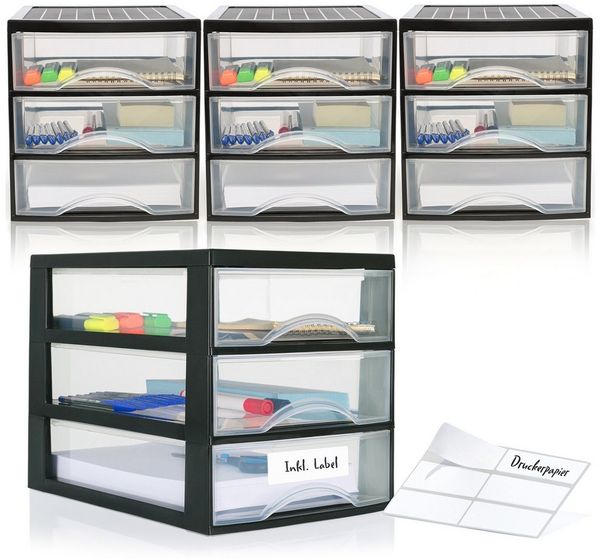Hausfelder Schubladenbox Schubladenschrank A4 mit 3 Schubladen, 4 Stück inkl. Aufkleber, (4-St, A4 mit 3 Schubladen + Aufkleber), klare Sicht, einfache Organisation, bequemes Öffnen und Schließen