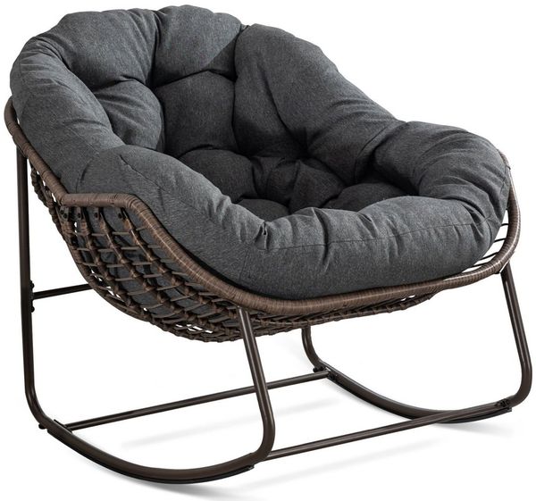 SeedWave Schaukelstuhl Übergroß mit PE-Rattan-Geflecht, 15 cm dickem Olefin-Fleece-Kissen, Lounge-Stuhl für Innen- und Außenbereich, Stilvolle Eierschalenform