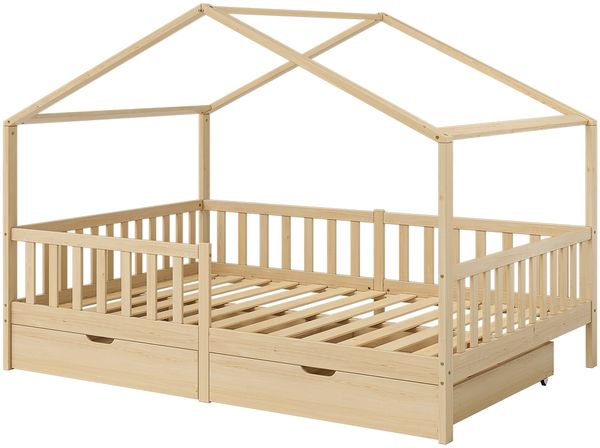 Bellabino 'Bia' Hausbett 140x200 cm mit 2 Schubladen, natur, Kiefer Massivholz, Montessori Kinderbett mit Stauraum, inkl. Rausfallschutz und Lattenrost Bild 2