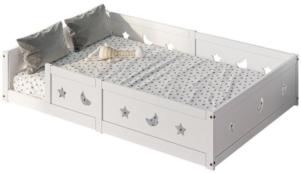 SEEZSSA Einzelbett Massivholzbett Holzbett Weiß Einzelbett mit Kopf und Fußteil Bett (140x200 cm Montessori Bodenbett Bett), mit Lattenrost und Rausfallschutz,Weiß-D