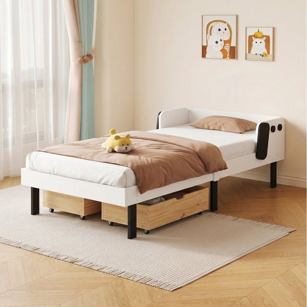 FUROKOY Kinderbett 90x200 cm Einzelbett Holzbett mit Lattenrost (Massivholzbett Weiß), Welpen-Design,Sicherheitsdesign ohne scharfe Ecken,Ohne Matratze