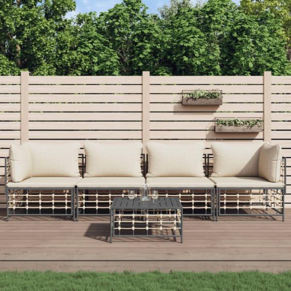 vidaXL 5-tlg. Garten-Lounge-Set mit Kissen Anthrazit Poly Rattan 3186700