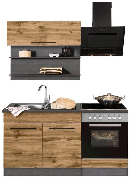 KOCHSTATION Küchenzeile KS-Tulsa, Breite 160 cm, schwarze Metallgriffe, hochwertige MDF Fronten