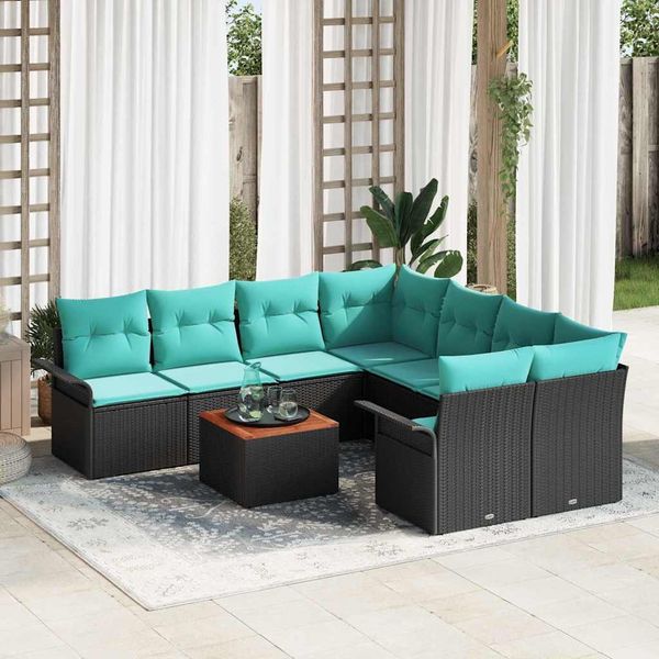 vidaXL Gartensofa-set 9 pcs Schwarz und Türkis Poly-Rattan 3355981