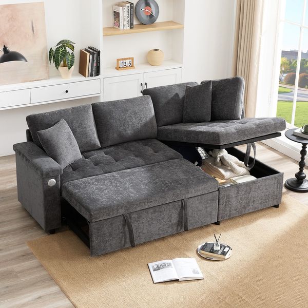 3-Sitzer Sofa mit Bettfunktion, Stauraum, Zierkissen, Rückenkissen, USB und Type-C, Liegefläche erweiterbar, Schlafsofa, Ecksofa, L-Form, Chenille