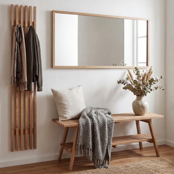 MCA Garderobenset HWC-P56, Sitzbank Garderobenpaneel Spiegel, Schuhablage 24 Haken, Glas Massiv-Holz Eiche