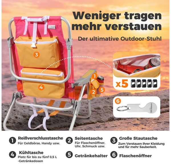 HOMECALL Klappstuhl Strandstuhl Leicht Klappbar Camping, 5-fach verstellbare Rückenlehne (Bis150KG Aluminiumrahmen, groBe Kuhitasche und Aufbewahrungstasche, 1 St), Seitentaschen, Kopfstütze, Schultergurten, Handtuchhalter Bild 4