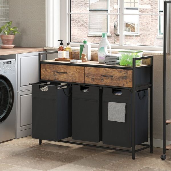 Mondeer Wäschekorb Metallgestell Wäschesammler (3 St, 3 x 50 L), mit 3 abgetrennten Säcken & 2 Schubladen, mit Rollen & Netztaschen